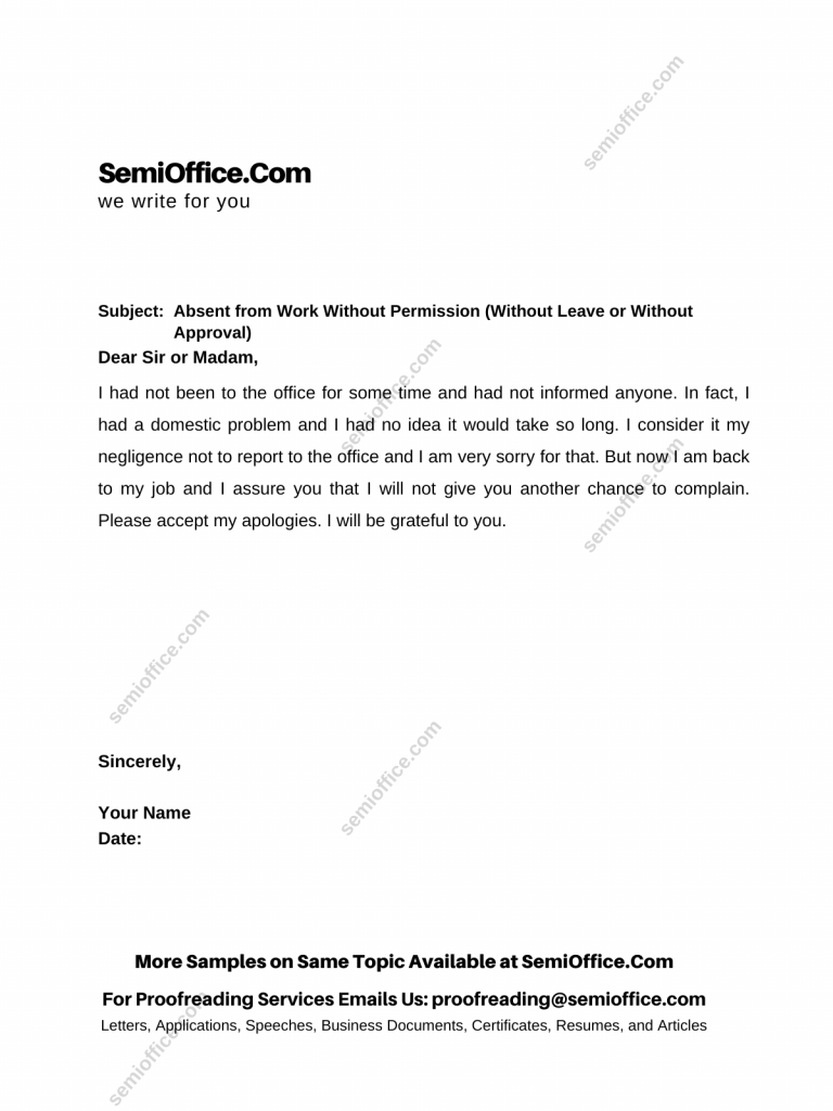 Application Letter Explaining Absent from Work Without Permission (Without Leave or Without Approval)