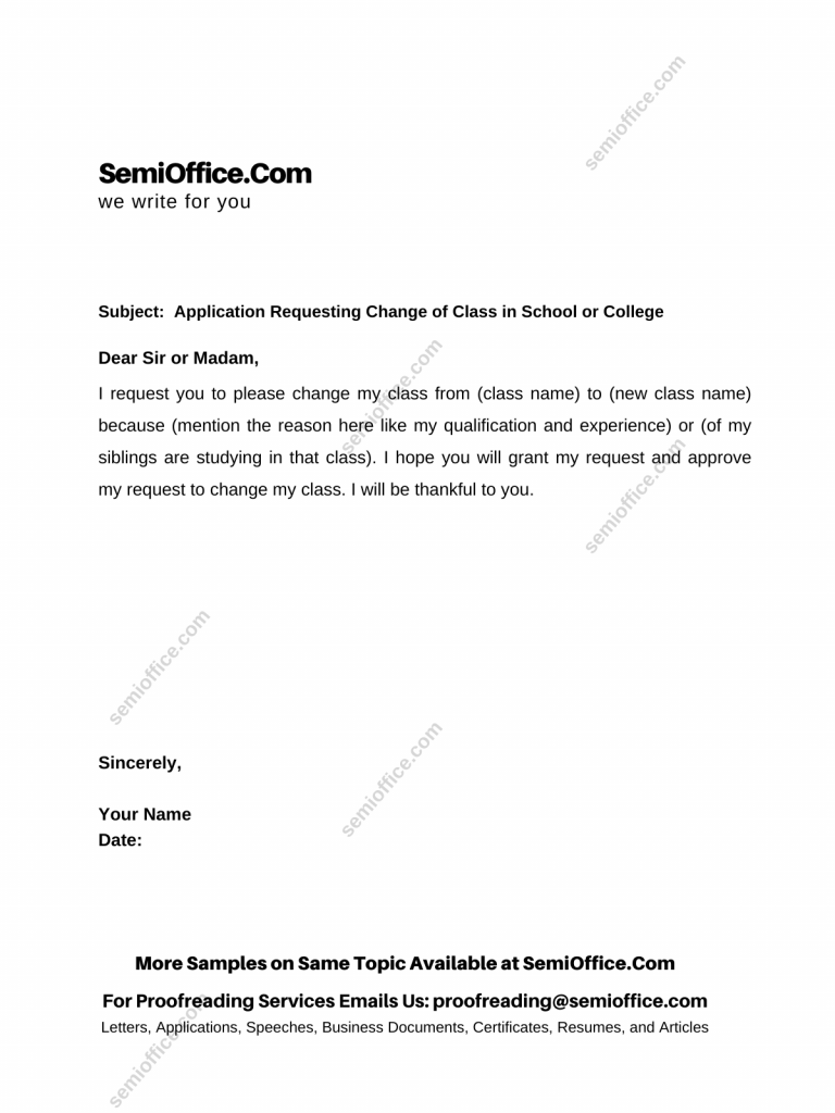 Application Requesting Change of Class in School or College