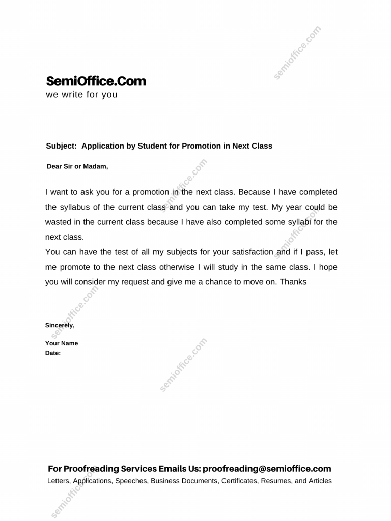 Application by Student for Promotion in Next Class