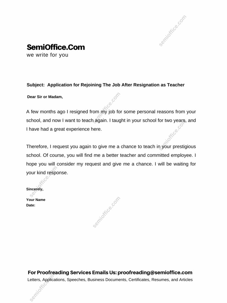 Application for Rejoining The Job After Resignation as Teacher