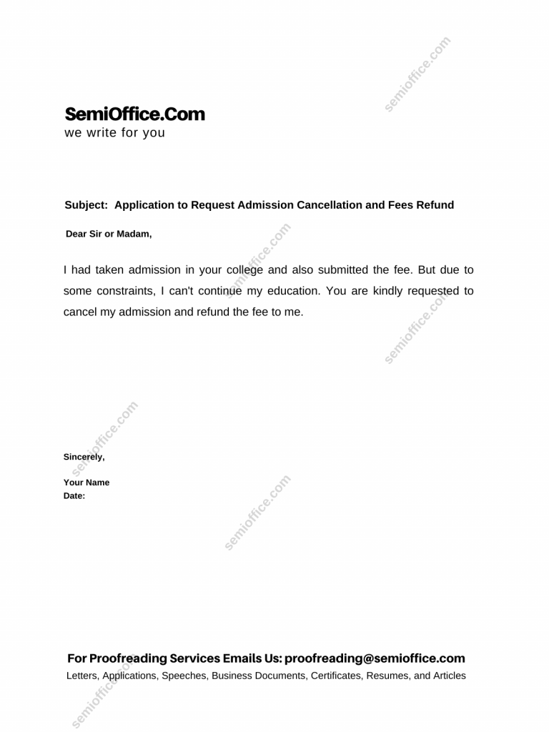 Application to Request Admission Cancellation and Fees Refund