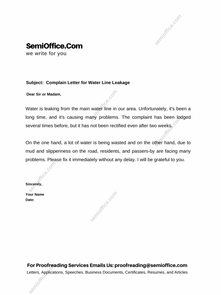 Complain Letter for Water Line Leakage