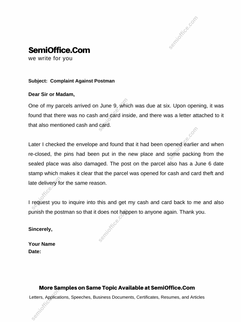 Complaint Letter Against Postman