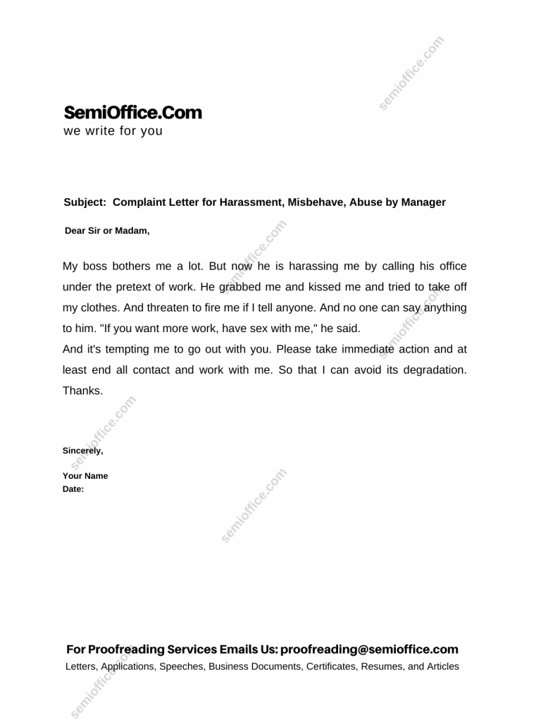 Complaint Letter for Harassment, Misbehave, Abuse by Manager
