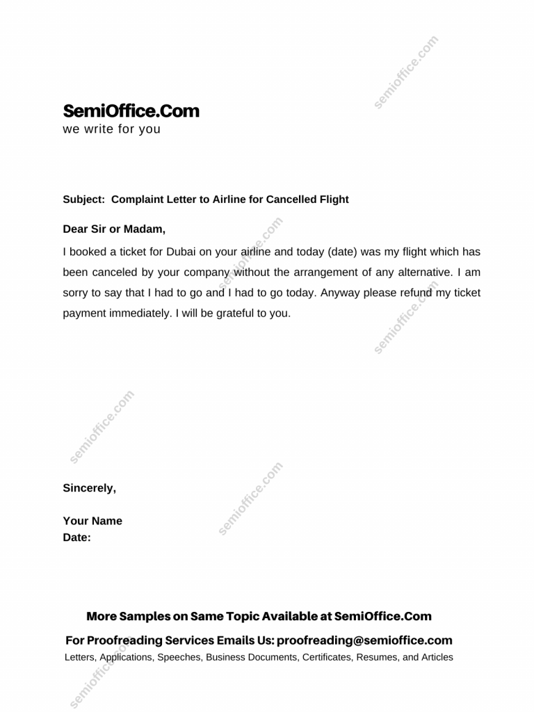 Complaint Letter to Airline for Cancelled Flight