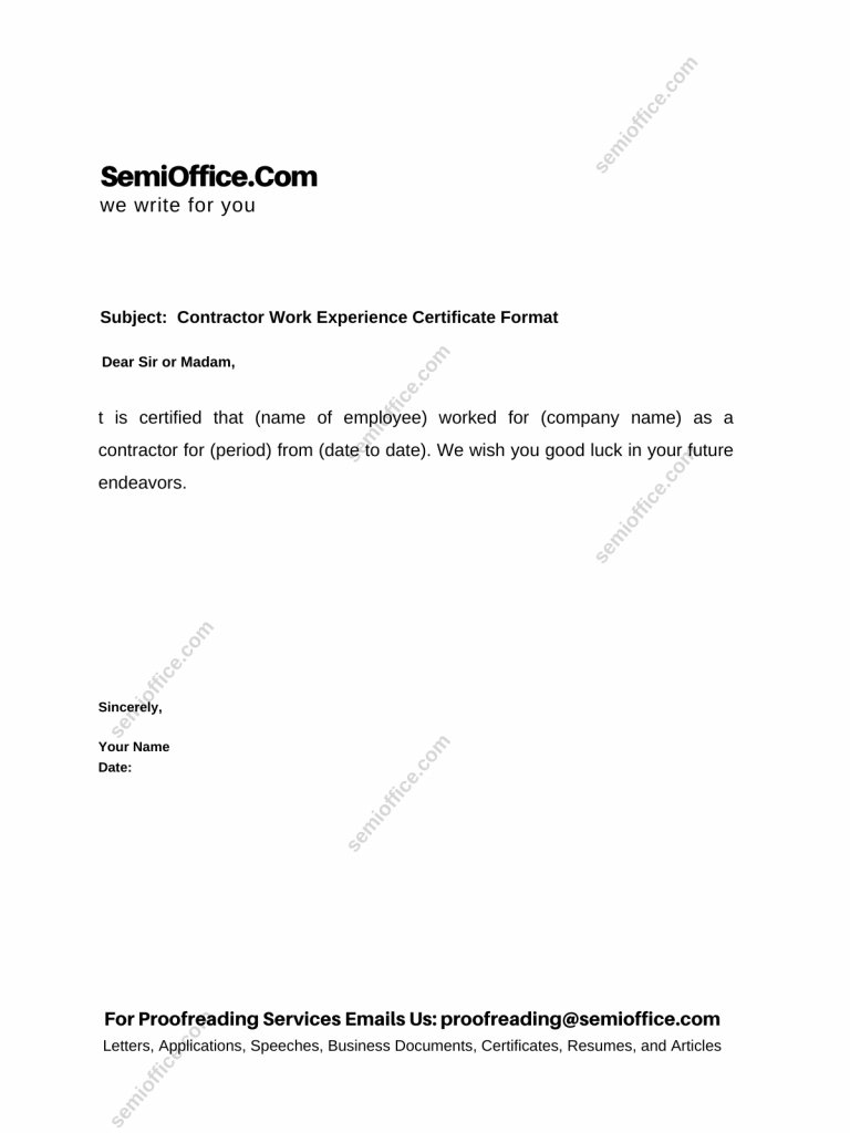 Contractor Work Experience Certificate Format