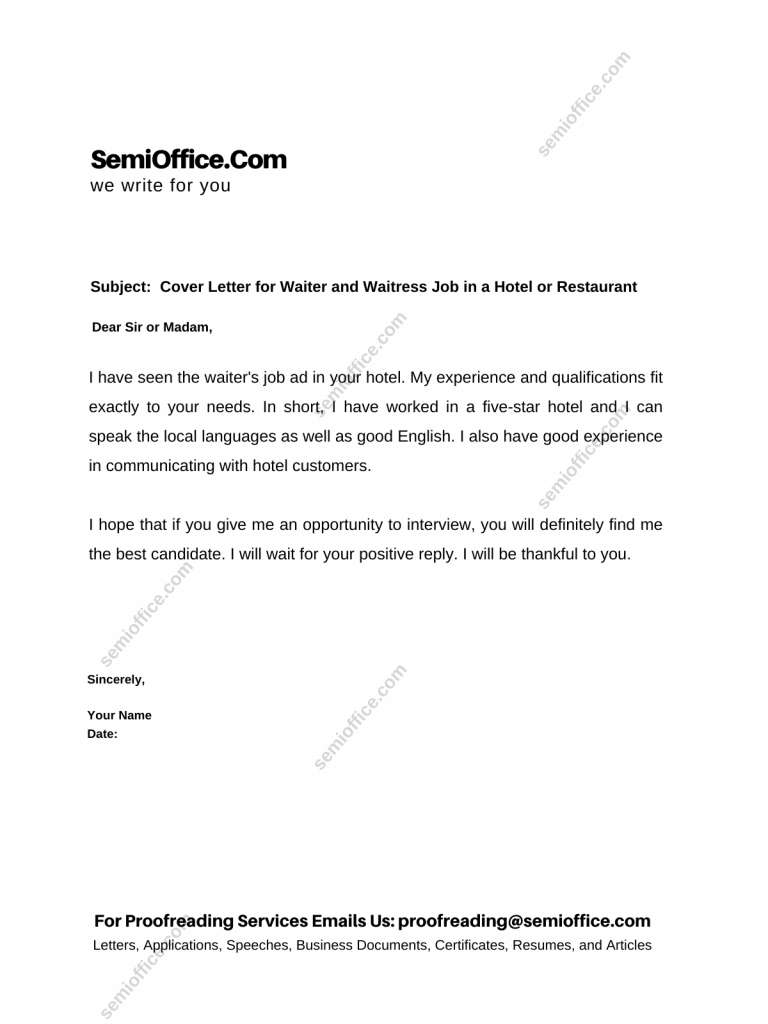 Cover Letter for Waiter and Waitress Job in a Hotel or Restaurant