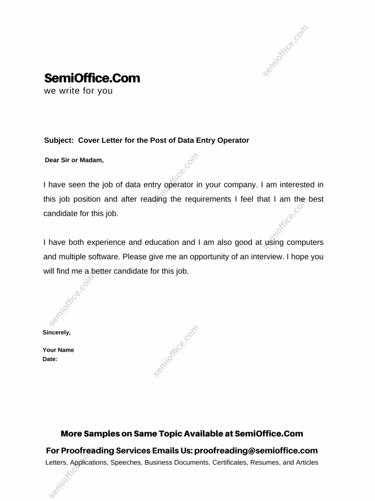 Cover Letter for the Post of Data Entry Operator