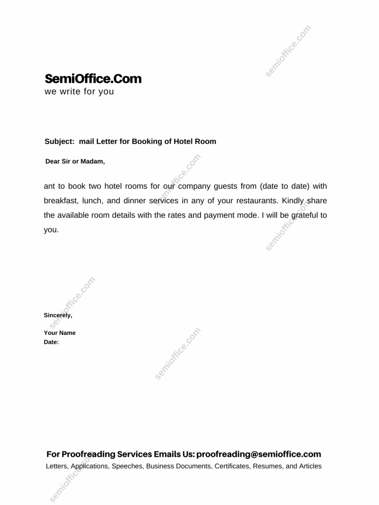 Email Letter for Booking of Hotel Room