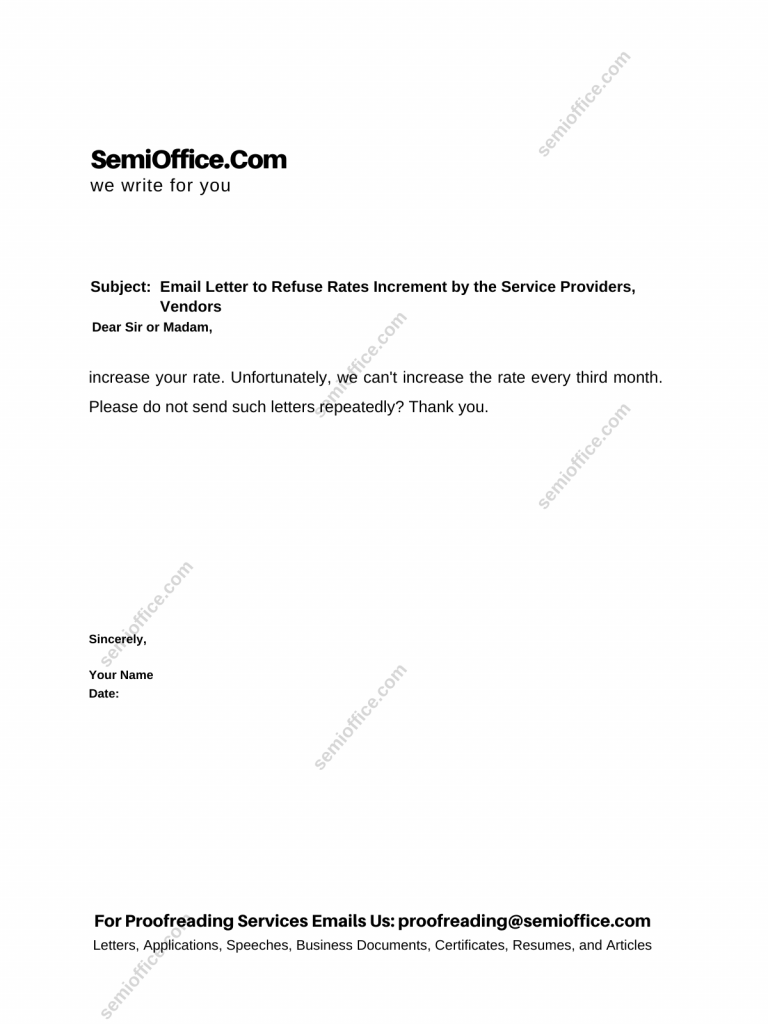 Email Letter to Refuse Rates Increment by the Service Providers, Vendors