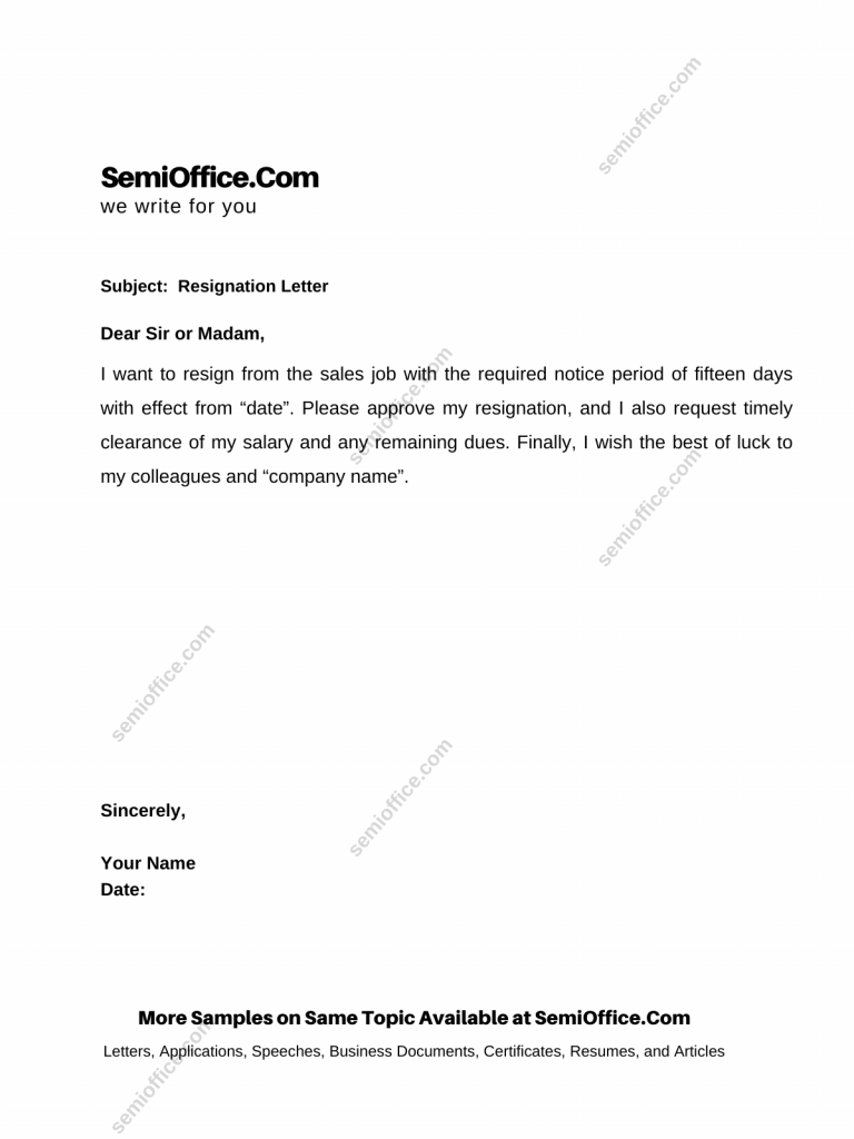 Example of Resignation Letter for Sales Girl or Lady