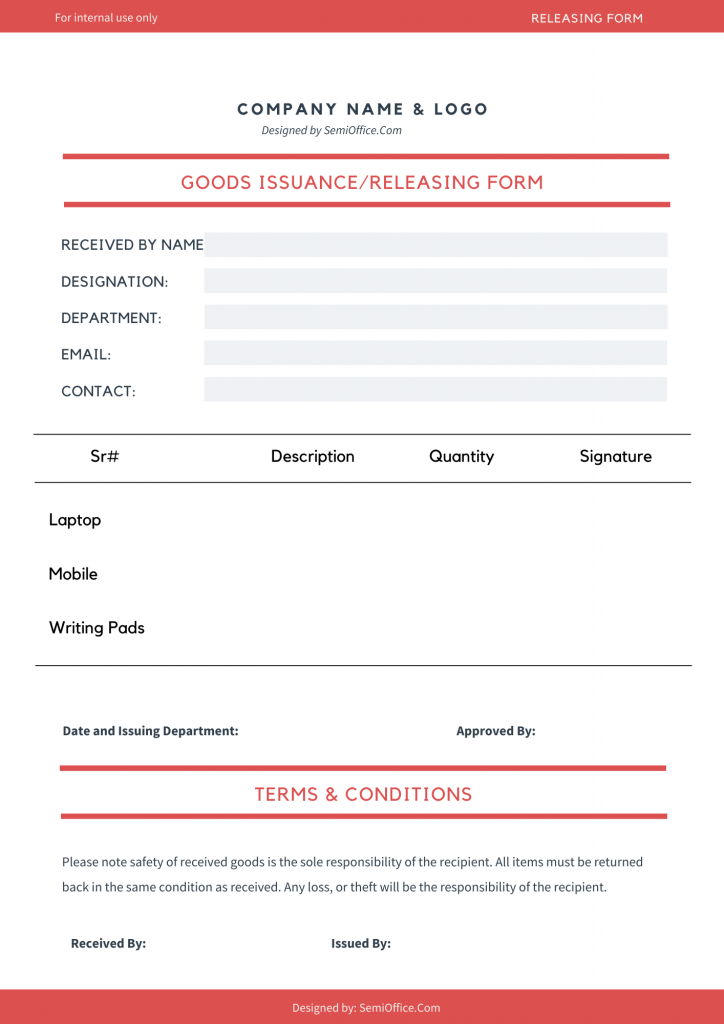 Goods Issuance Form Format Designed by SemiOffice.Com