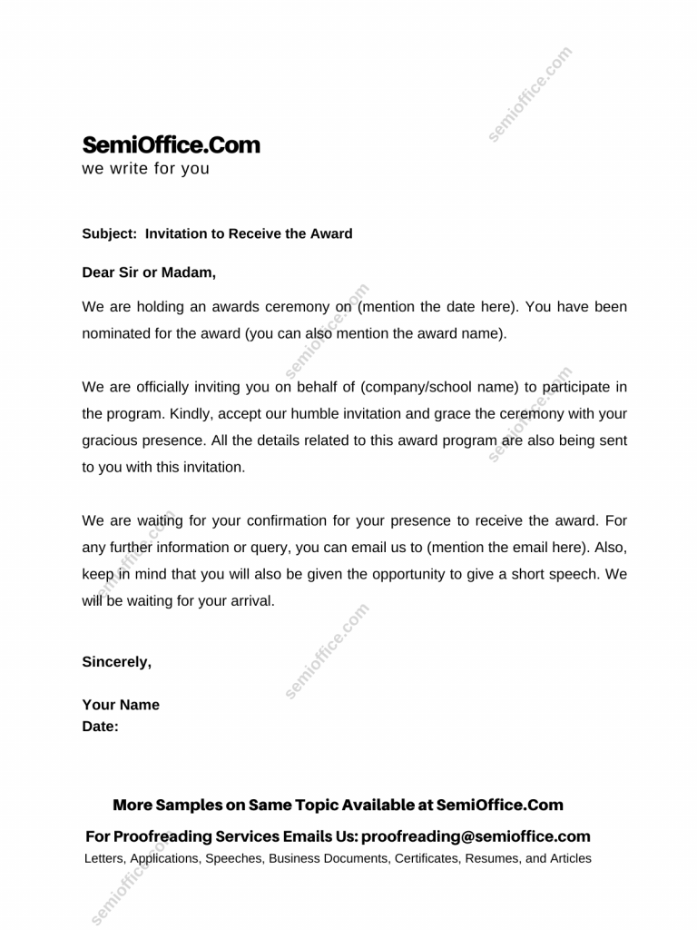 Invitation Letter to Celebrity to Receive an Award