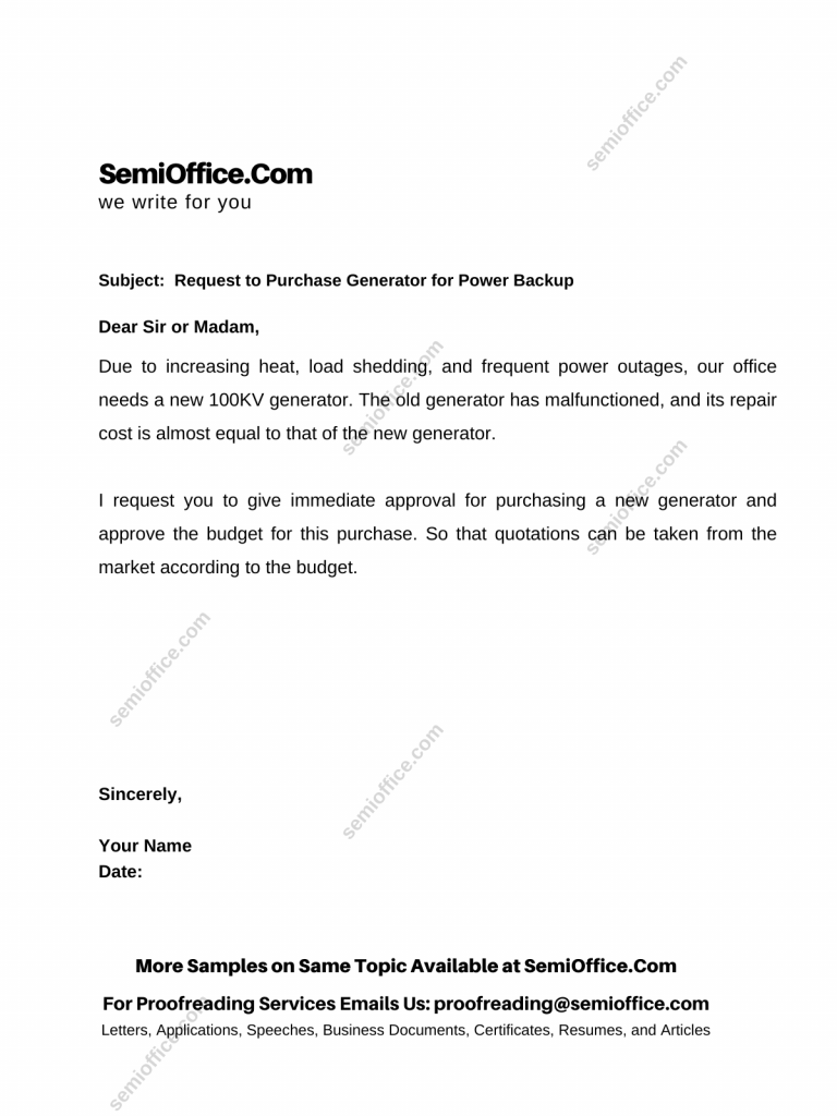 Justification Letter to Purchase Generator for Power Backup