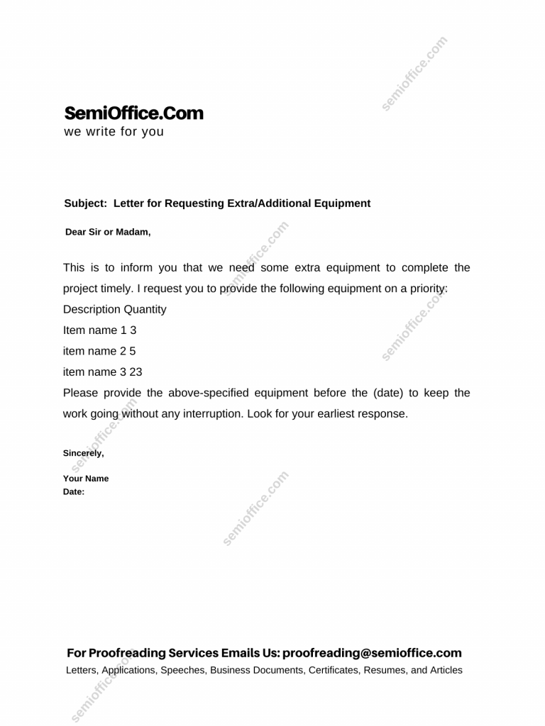 Letter for Requesting Extra/Additional Equipment