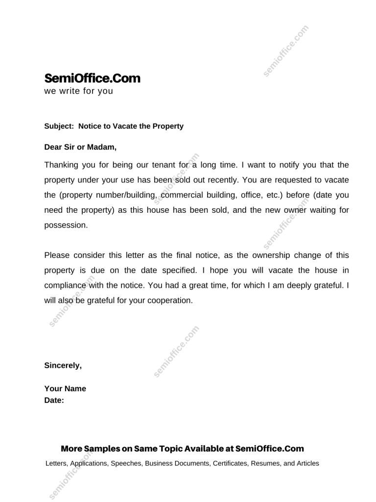 Letter to Tenant to Vacate a Property Because It Has Been Sold