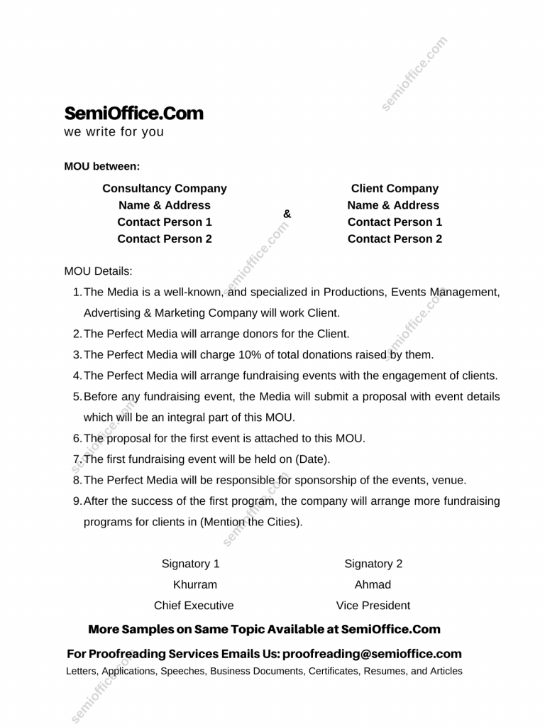 MOU Sample for Business, Company or Organisation