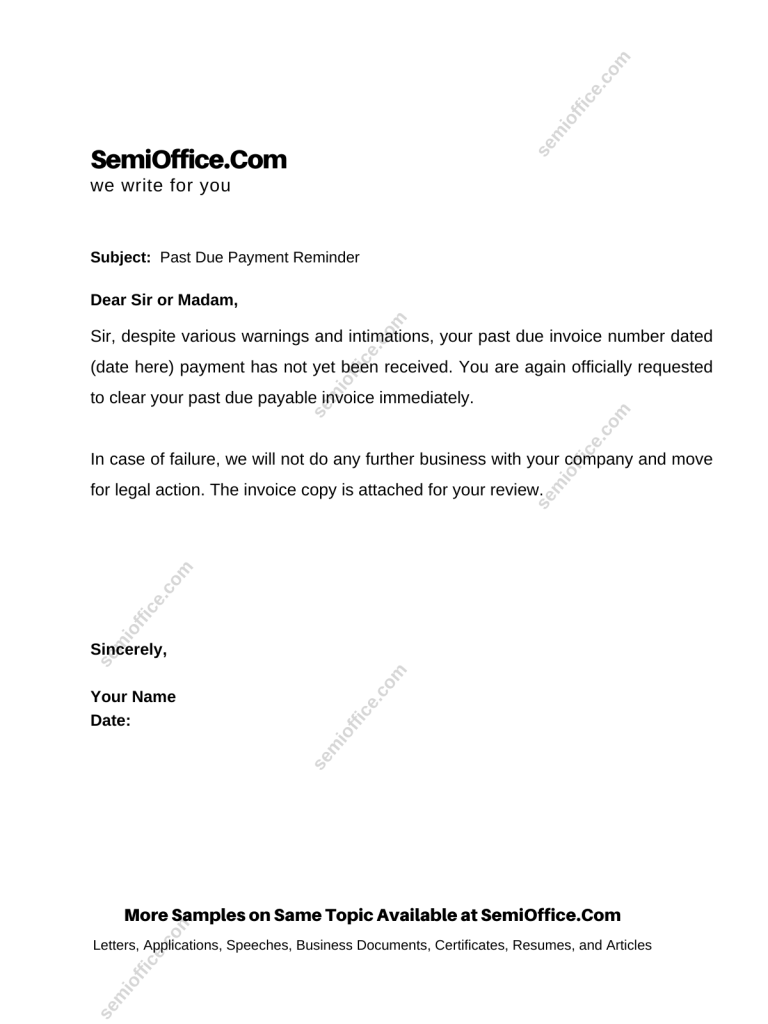 Past Due Invoice Email Samples With Strong warning and legal action