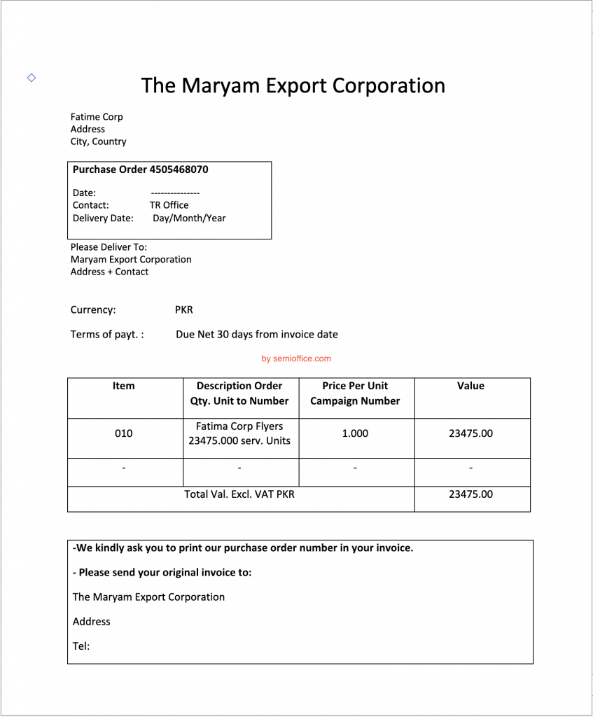 Purchase Order Format in Word Free Download