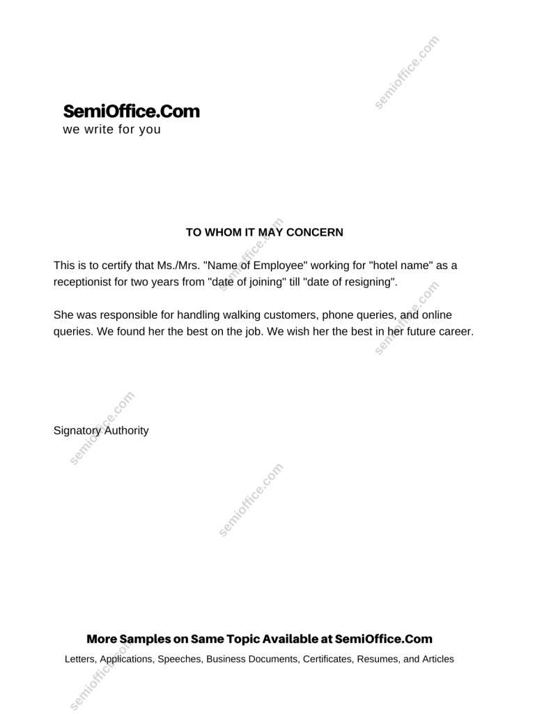 Receptionist Experience Letter for Hotel