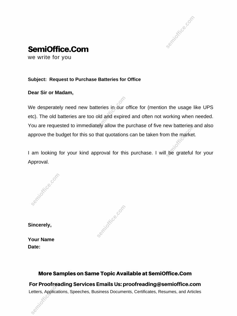 Request Email Letter to Purchase Batteries for office, company, factory or school for power supply backup, solar or vehicles.