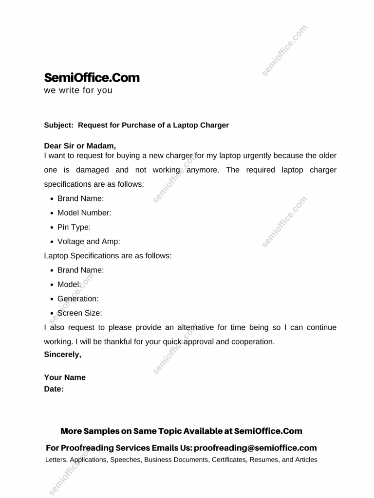 Request Letter for Purchasing or Buying a New Laptop Charger in Office, School, Factory etc