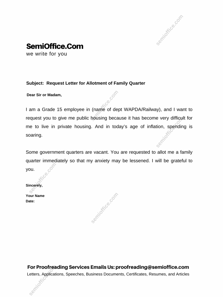 Request Letter for Allotment of Family Quarter