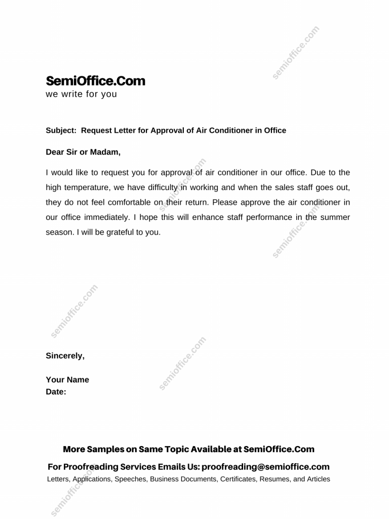 Request Letter for Approval of Air Conditioner in Office