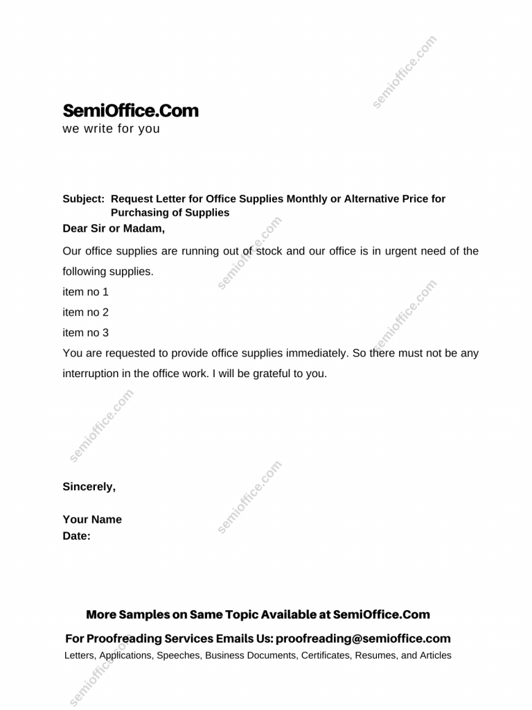 Request Letter for Office Supplies Monthly or Alternative Price for Purchasing of Supplies