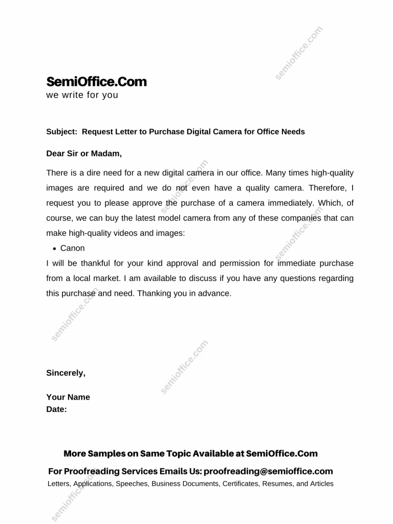 Request Letter for Purchase of Digital Camera or smart camera for Office, Company or Factory