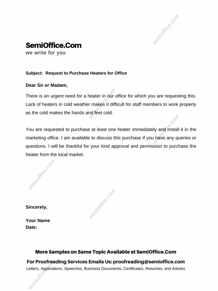 Request Letter for Purchase of Heater for Office, Company, or Factory