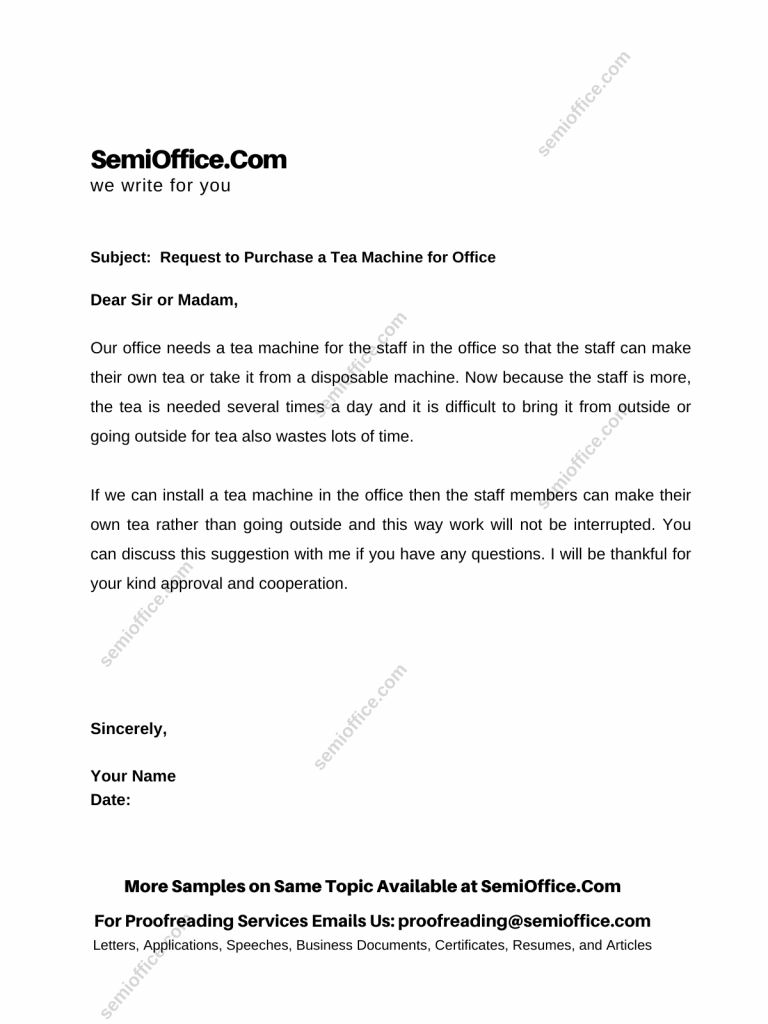 Request Letter for Purchase of Tea Machine for Office, School, Factory or Company