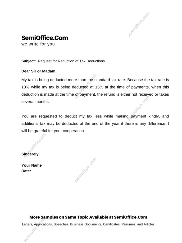 Request Letter for a Reduction in Tax Deductions at the Source