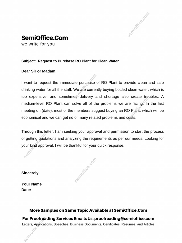 Request Letter to Purchase RO Plant to Provide Safe Drinking Water to Staff, Employees, Workers, and Students