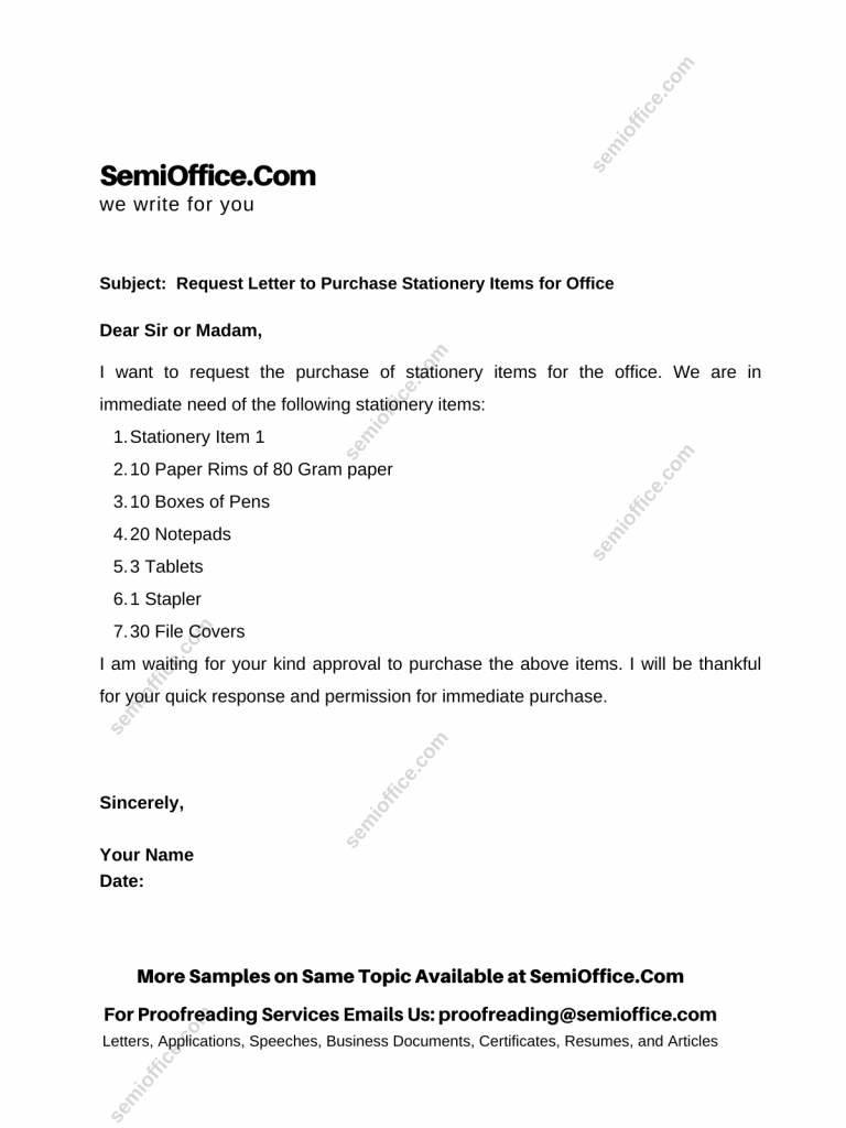 Request Letter to Purchase Stationery for Office, Factory or Company