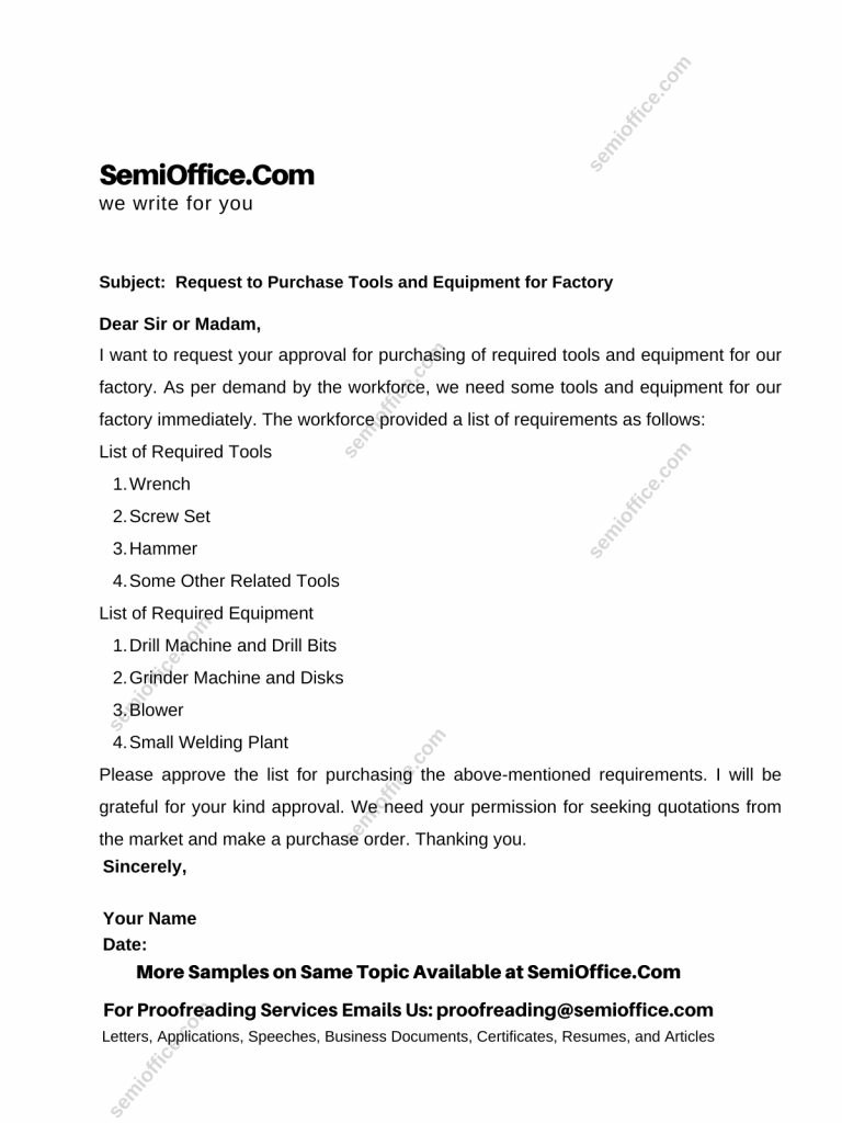 Request Letter to Purchase Tools and Equipment for Factory