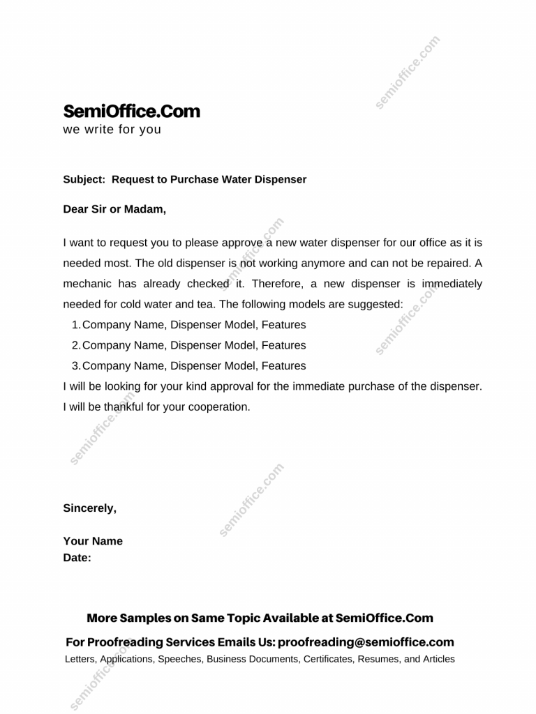 Request Letter to Purchase Water Dispenser for Office