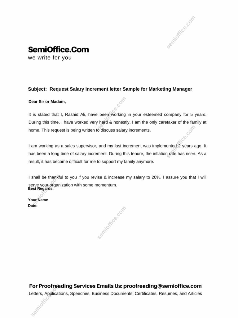 Request Salary Increment letter Sample for Marketing Manager