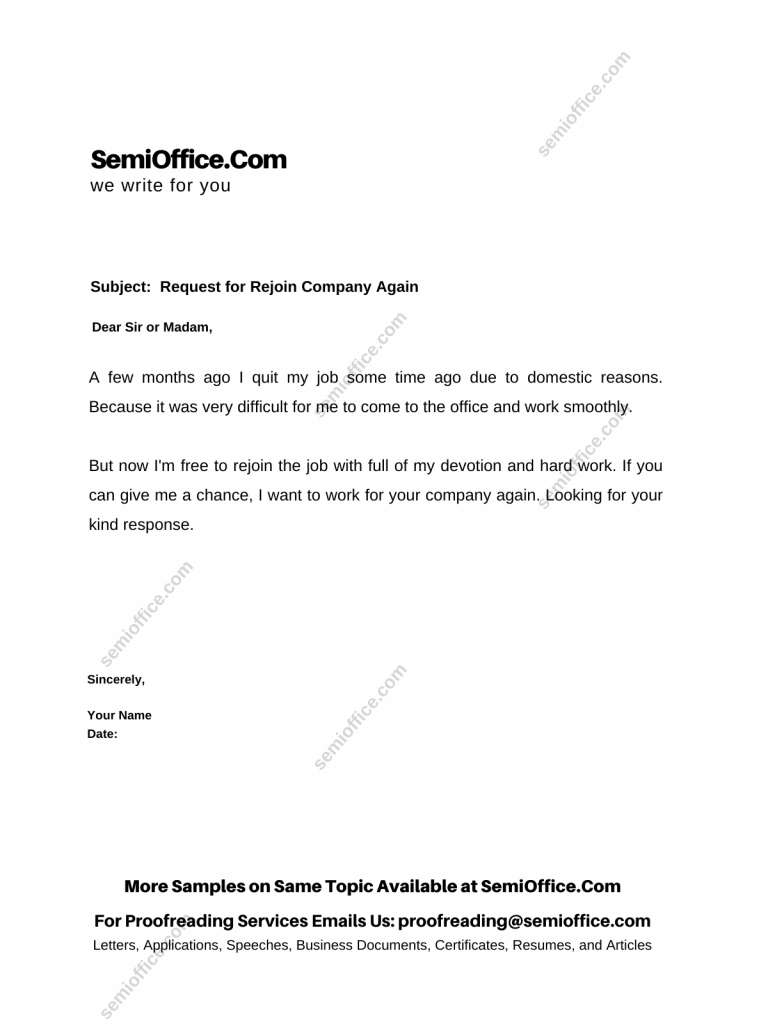 Application Letter to Request for Rejoin Company Again After Resignation