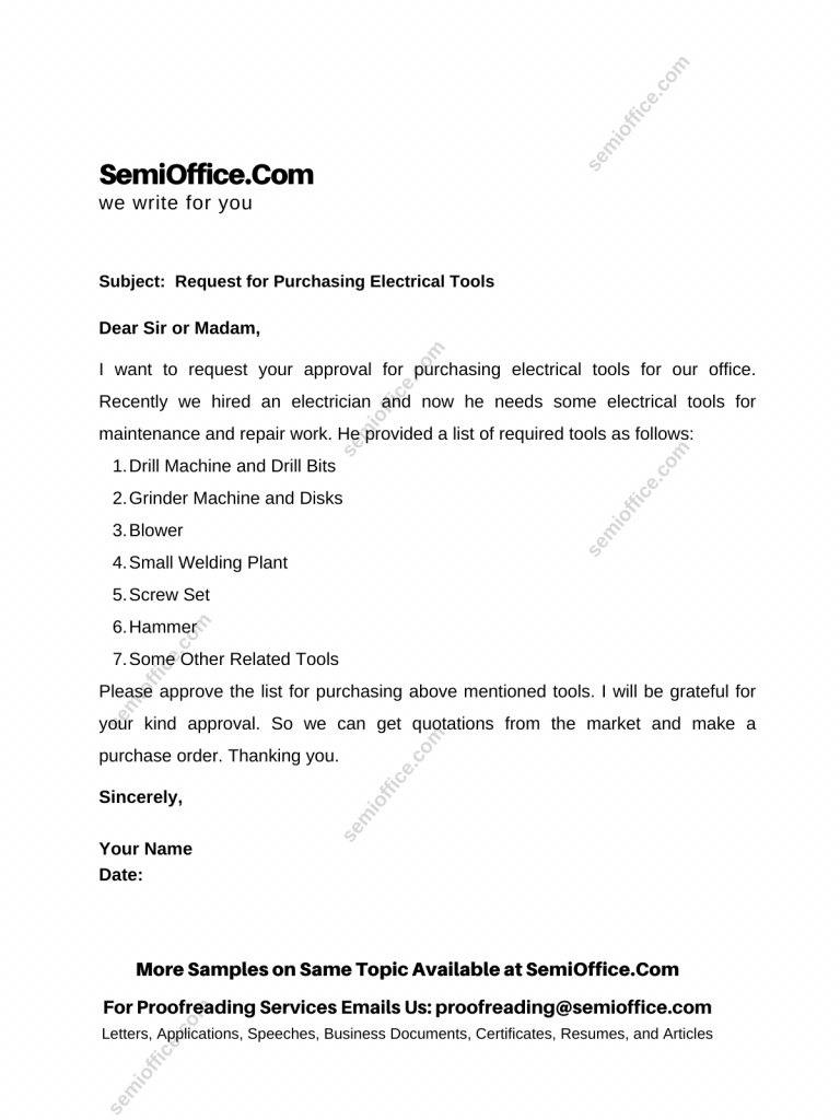 Request letter for purchasing electrical tools for office, factory, company