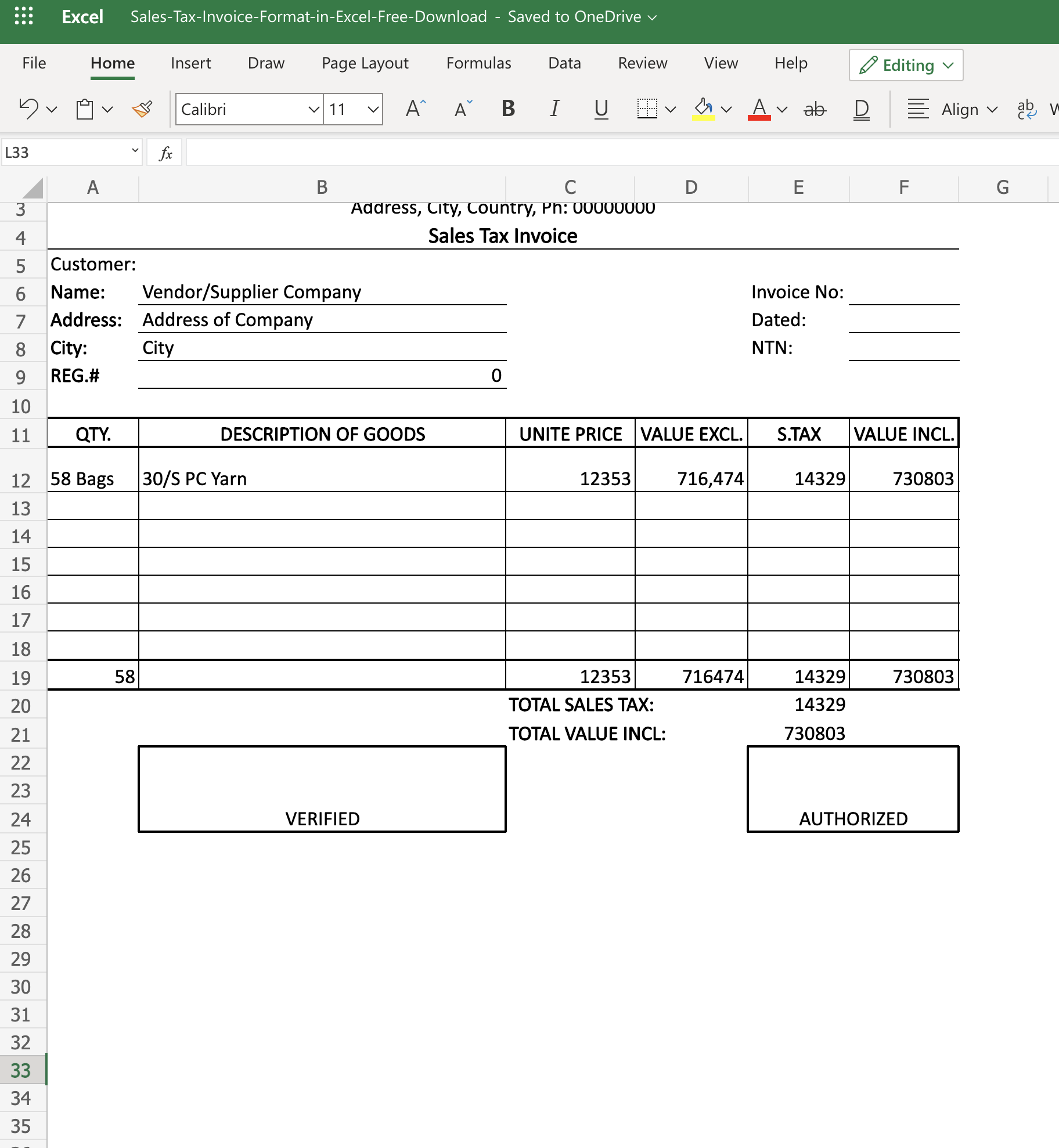 Sales Tax Invoice Template for Companies and Retailers