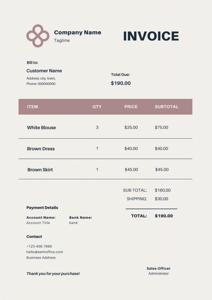 Sample Bill for Clothing Shop