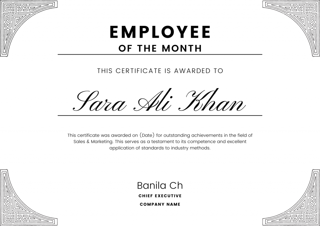 Sample Certificate of Appreciation for Employee of the Month