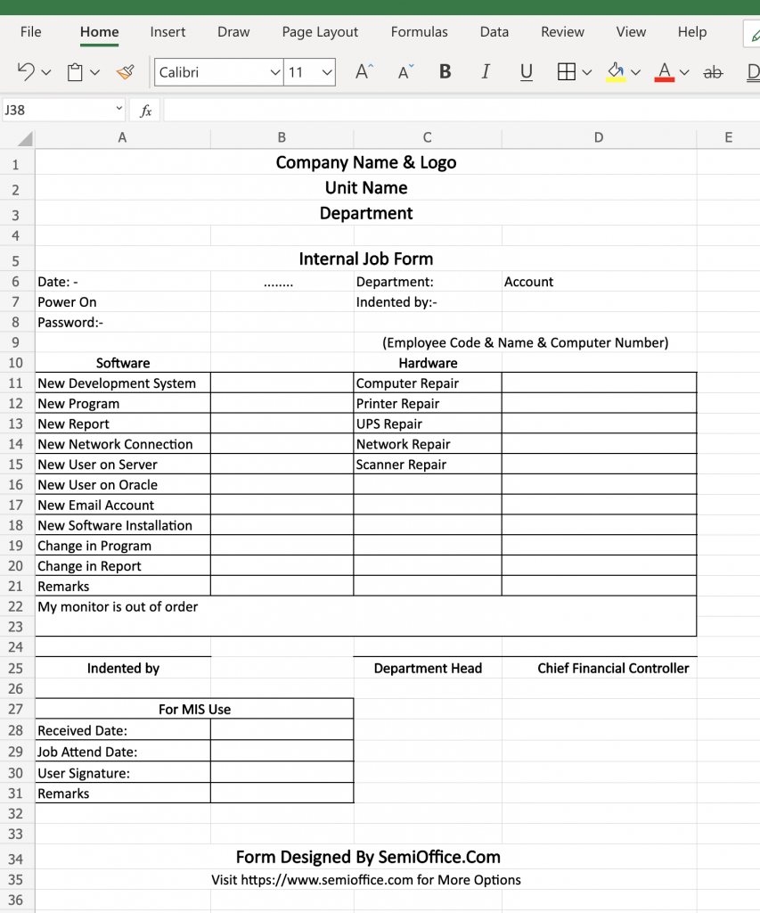 Internal Job Order Form Format for Office by SemiOffice.com