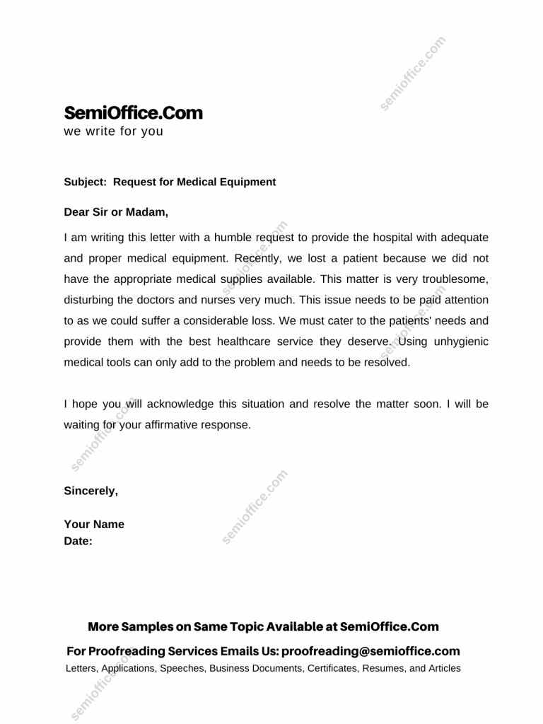 Sample Letter of Requesting Medical Equipment