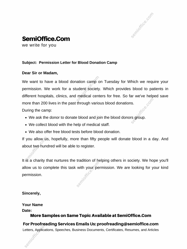 Permission Letter for Blood Donation Camp