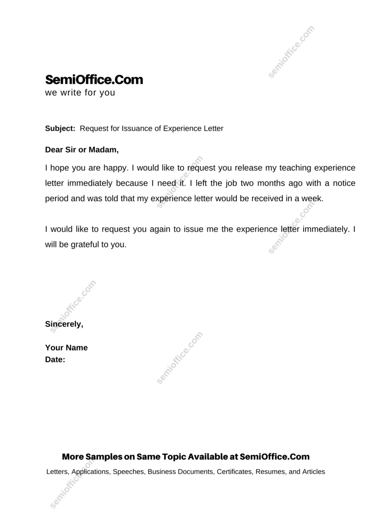 Sample Request For Experience Letter by Teacher