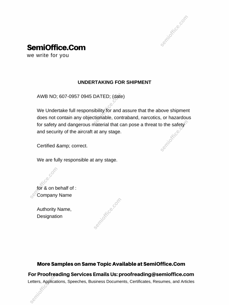 Sample Undertaking Letter for Shipment Template by Semioffice.Com