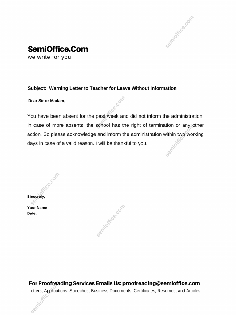 Warning Letter to Teacher for Absents/Leave Without Information