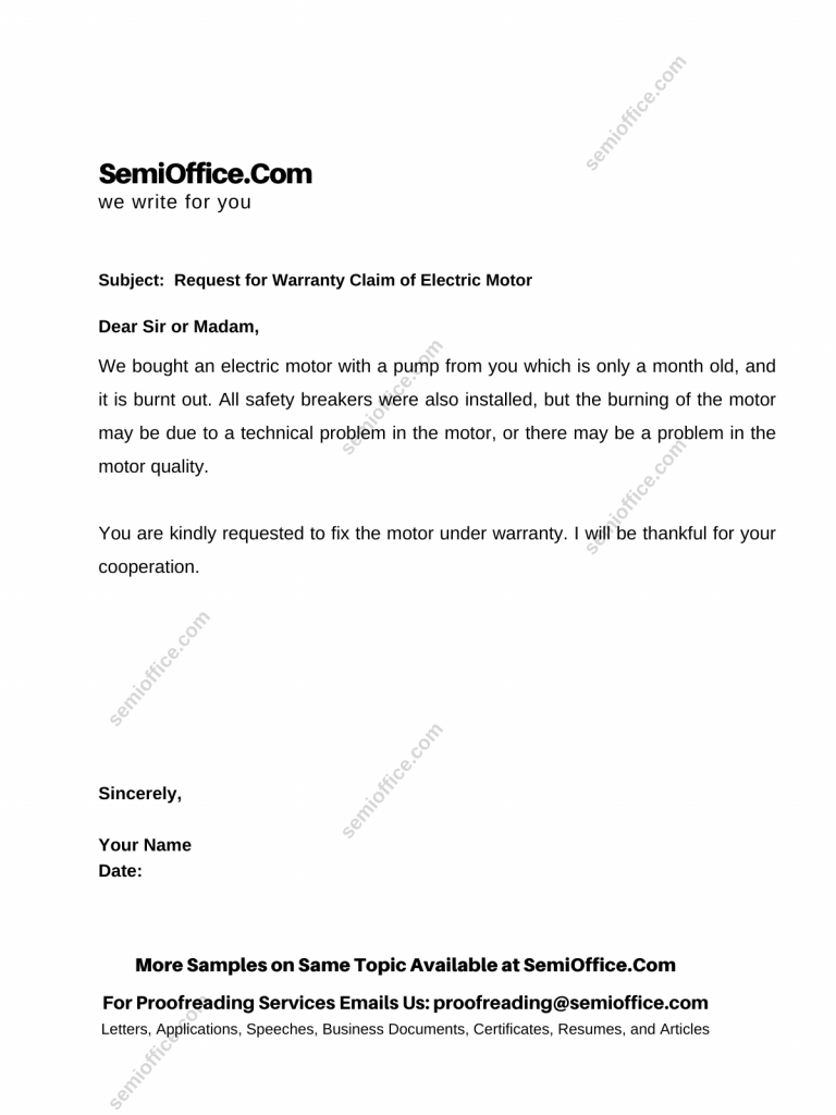 Warranty Claim Letter for Motor, industrial motor etc